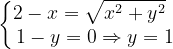 \dpi{120} \left\{\begin{matrix} 2-x=\sqrt{x^{2}+y^{2}}\; \; \\ 1-y=0\Rightarrow y=1 \end{matrix}\right.